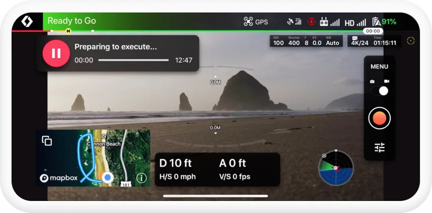 Panel de vuelo de Dronelink en un teléfono