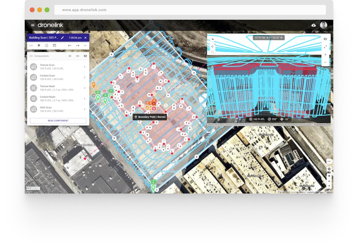 Planificador web de Dronelink en un navegador con una misión de escaneo de fachadas: vista satelital de un gran edificio industrial rodeado por una trayectoria de vuelo azul, junto a un panel de vista previa 3D con las trayectorias de escaneo que envuelven el edificio