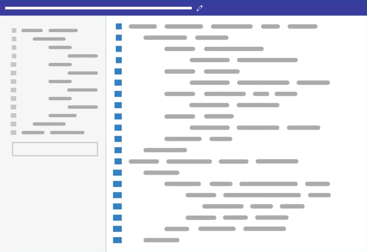 Ilustración plana de un editor low-code: una barra de título morada sobre un árbol de componentes con sangría a la izquierda y, a la derecha, líneas de código representadas como barras de relleno junto a marcadores de línea azules