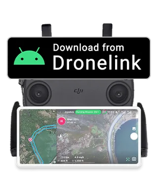 Control remoto DJI plegable con un teléfono montado, con Dronelink en pantalla