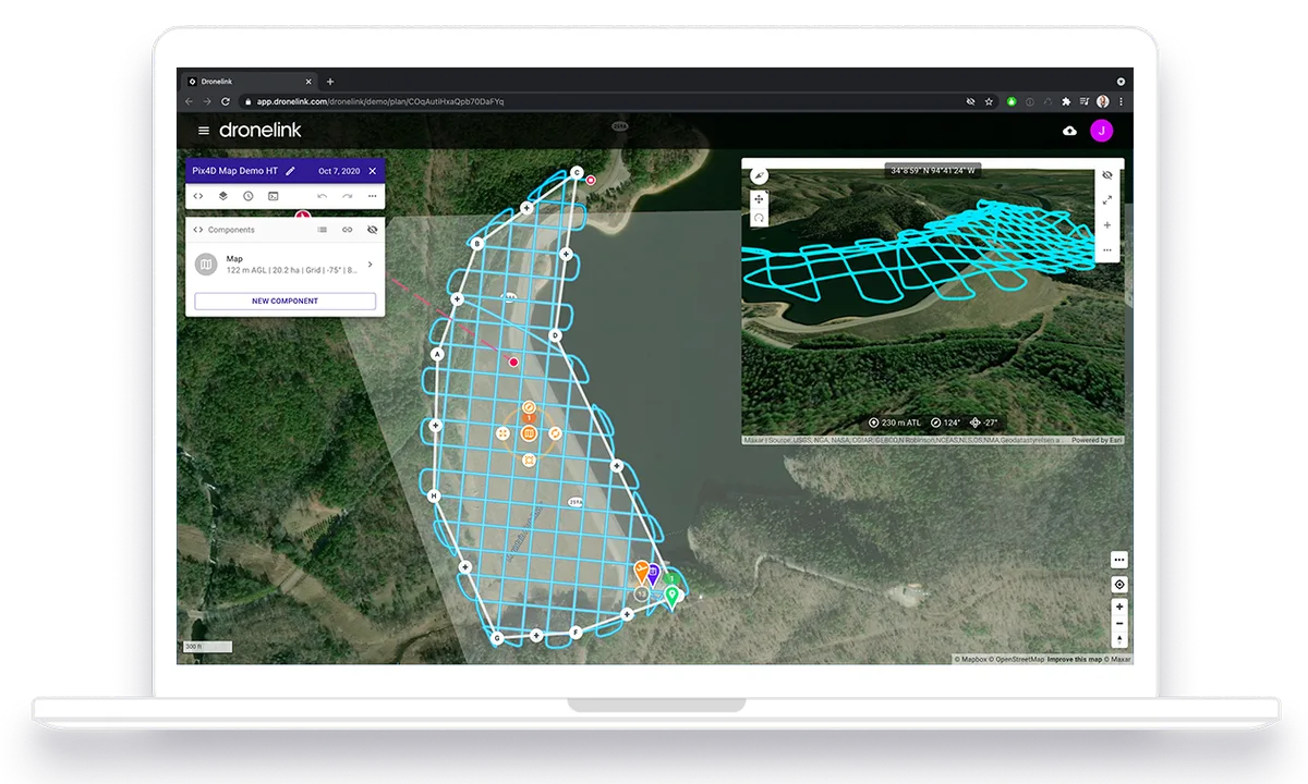 Planificador de Dronelink con una misión de mapeo en entramado cruzado sobre una presa, con un panel de vista previa 3D que muestra la cuadrícula de mapeo proyectada sobre el terreno