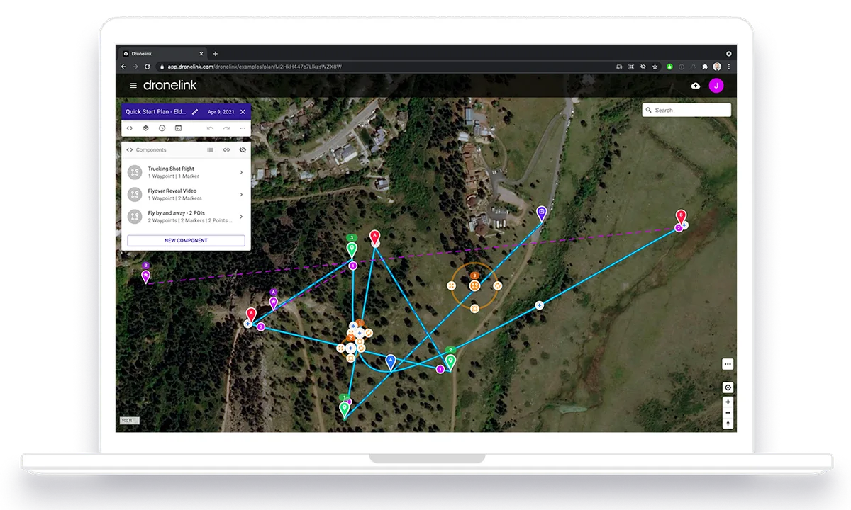 Planificador de Dronelink con el plan de inicio rápido de Eldorado Springs: una trayectoria de vuelo compacta con marcadores de waypoints sobre un cañón de Colorado