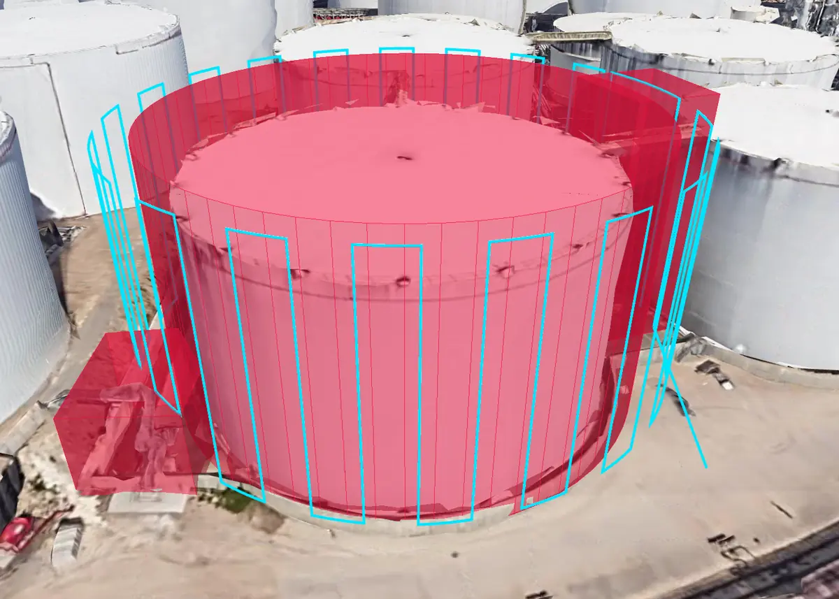 Vista previa 3D de la misma misión: columnas verticales alrededor del tanque, fuera de las zonas de restricción en rojo