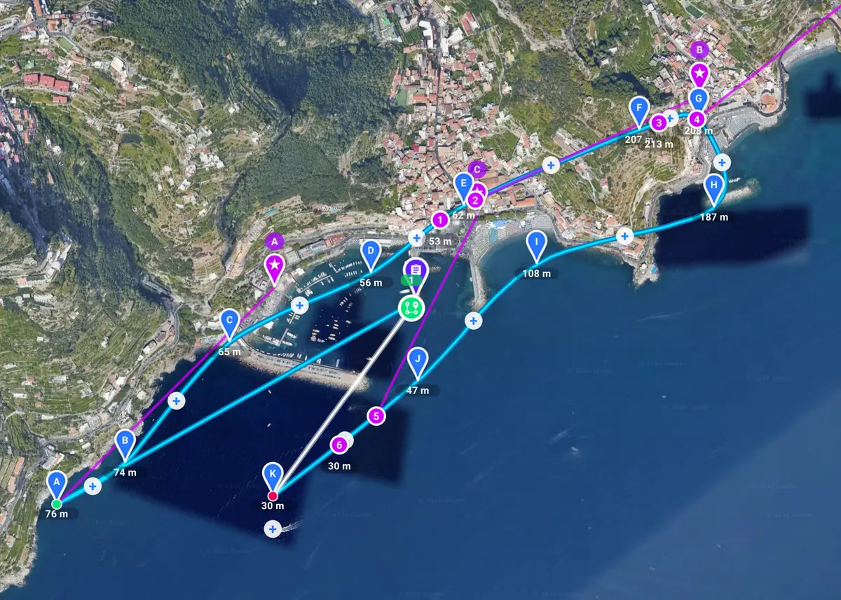 Trayectoria de waypoints planificada a lo largo de un pueblo costero y su puerto, con puntos de interés y acciones de waypoint marcados