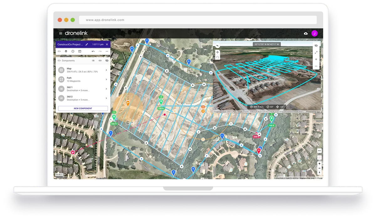 Planificador de misiones web de Dronelink en una computadora portátil, con una misión de mapa en cuadrícula sobre un barrio residencial y una vista previa 3D en un recuadro