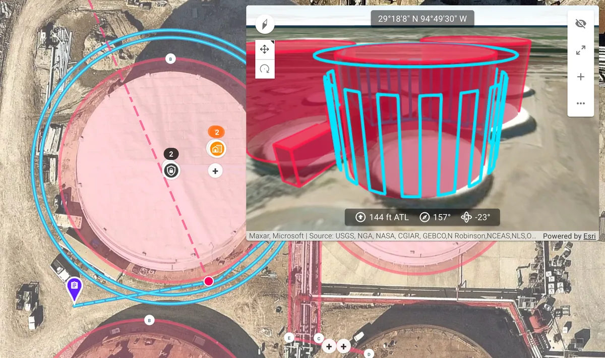 Zona de restricción de vuelo cilíndrica, en rojo, trazada alrededor de un tanque de almacenamiento de una refinería, con una vista previa 3D de la zona