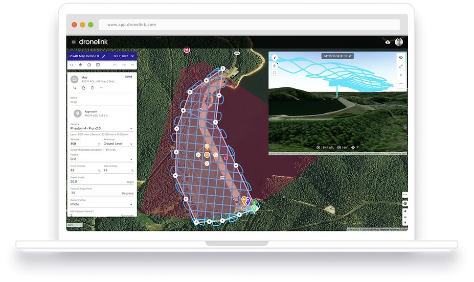 Misión de demostración de Pix4D abierta en el planificador de Dronelink en una computadora portátil