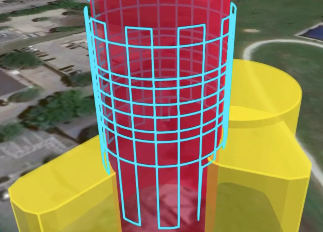 Vista previa 3D de una misión de captura de torre con patrón de columnas: una cuadrícula azul de columnas verticales de captura rodea el volumen rojo de la torre, con el recinto del sitio marcado en amarillo en la base