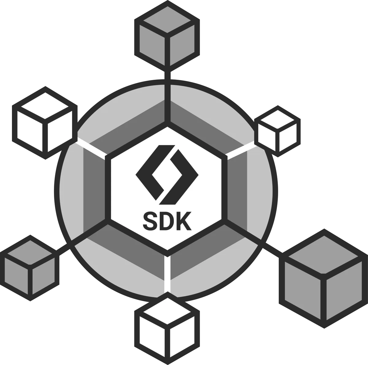 Diagrama del SDK de Dronelink en el centro de una integración: el logotipo de Dronelink dentro de un hexágono con la etiqueta SDK, conectado hacia afuera con seis cubos que representan bloques de construcción
