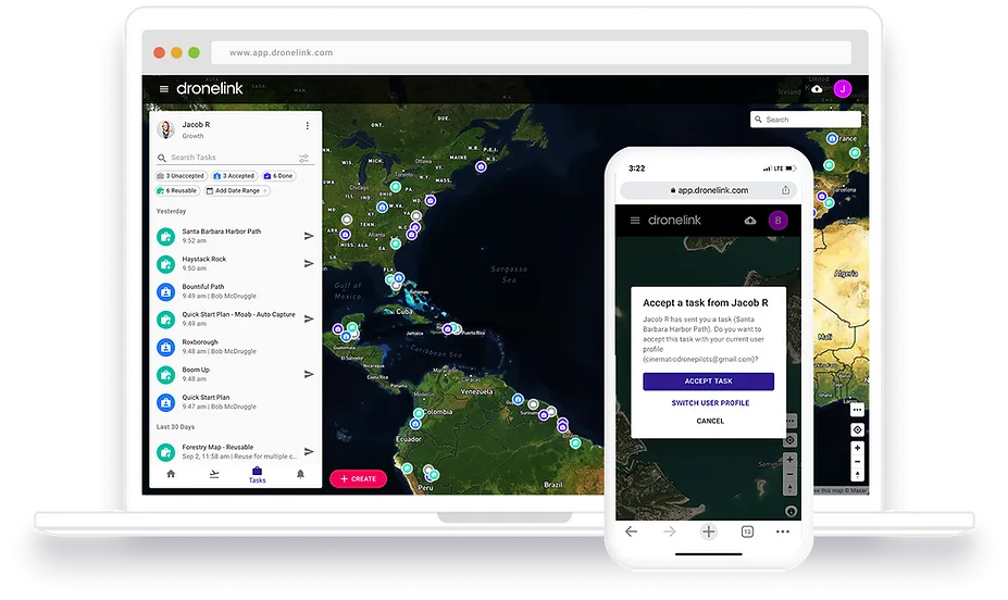 Panel de tareas de Dronelink abierto en una computadora portátil junto a un teléfono que muestra el cuadro de diálogo para aceptar una tarea