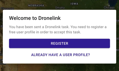 Cuadro de diálogo «Bienvenido a Dronelink» sobre un mapa, que avisa a un piloto invitado de que se le ha enviado una tarea y le ofrece registrar un perfil de usuario gratuito