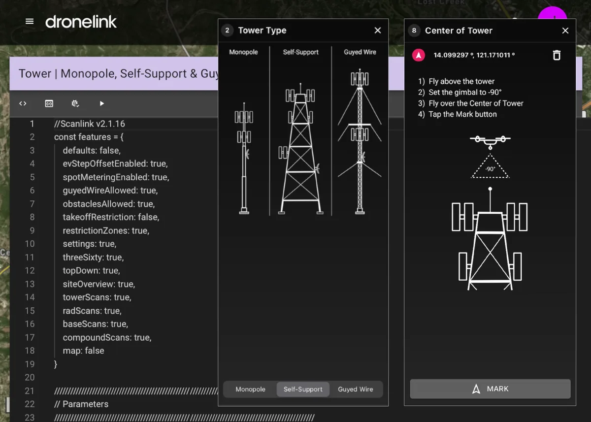 Función On-the-Fly de Scanlink en Dronelink, con la selección del tipo de torre (monopolo, autosoportada o arriostrada) junto a las instrucciones paso a paso para el piloto
