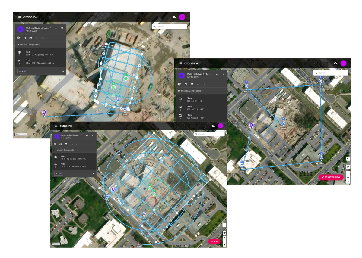 Tres planes de misión de Dronelink para la misma obra, cada uno configurado para una necesidad de captura distinta