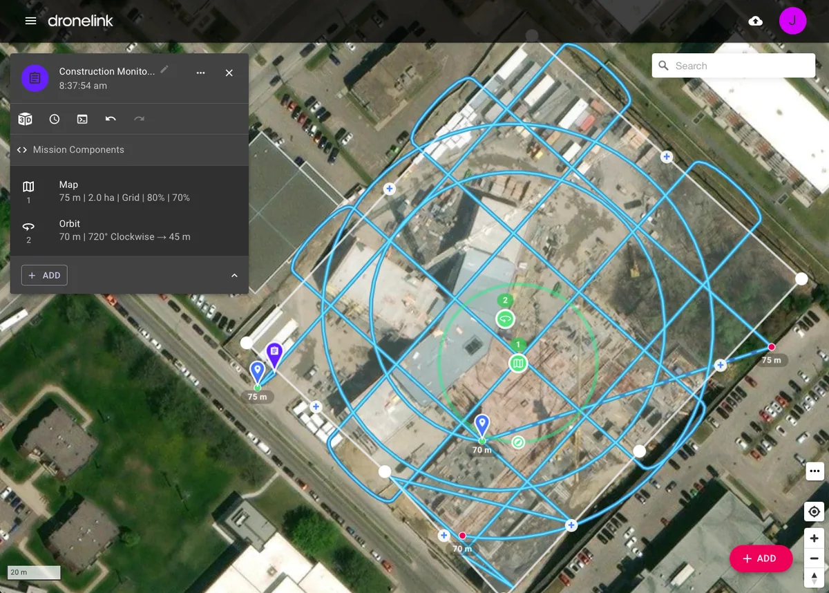 Planificador de Dronelink con la misión estándar de monitoreo de construcción de Magil sobre una obra, con la trayectoria de vuelo y la lista de componentes