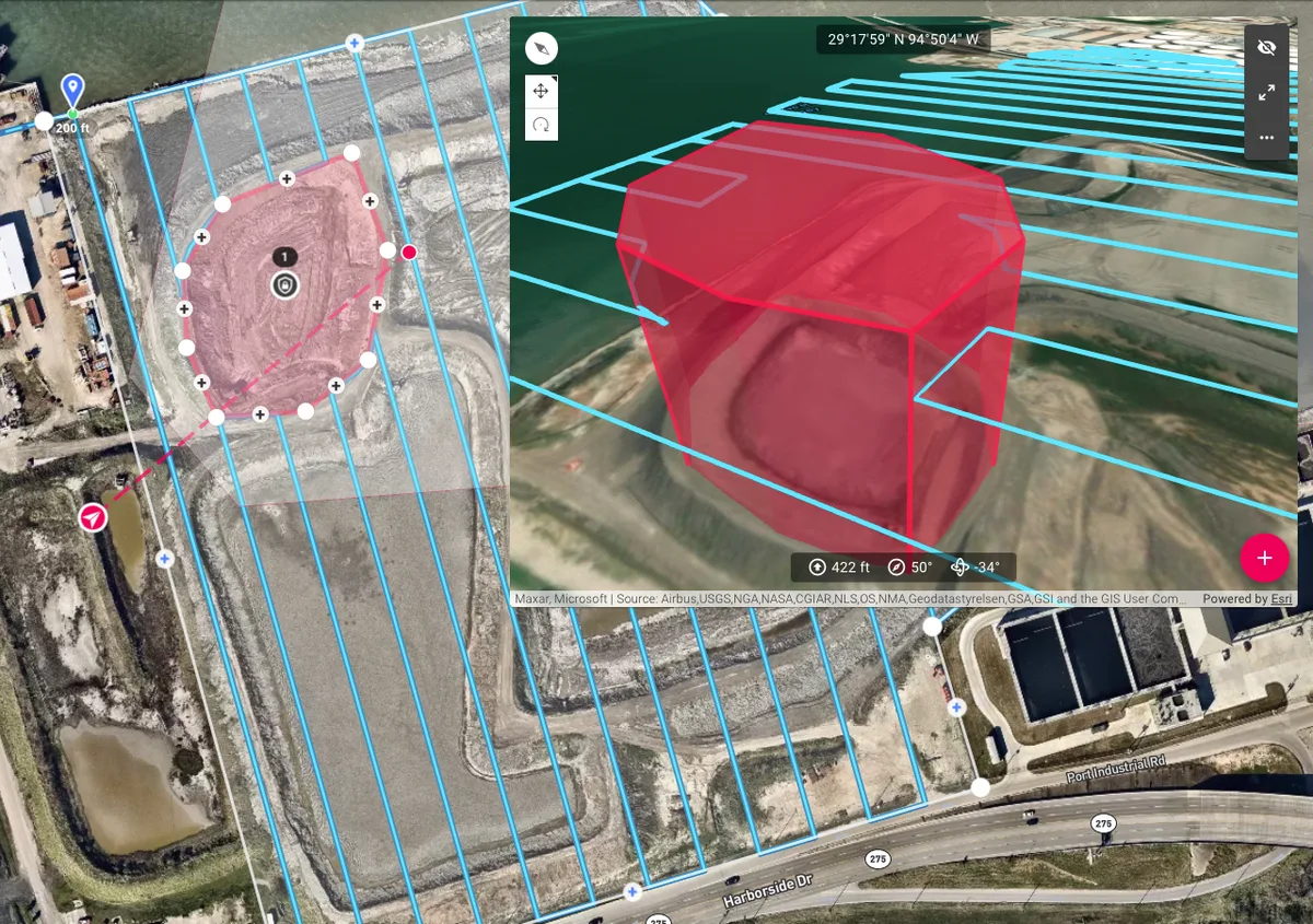 Planificador de misiones de Dronelink con una cuadrícula de mapeo sobre una obra y, en la vista previa 3D, una zona de restricción en rojo alrededor de un montículo de tierra