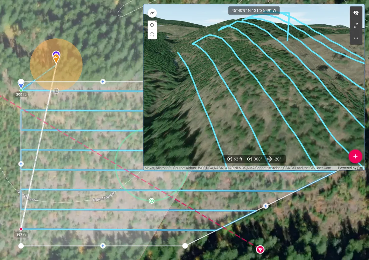 Planificador de misiones de Dronelink con líneas de mapeo paralelas que siguen el terreno a lo largo de una ladera boscosa