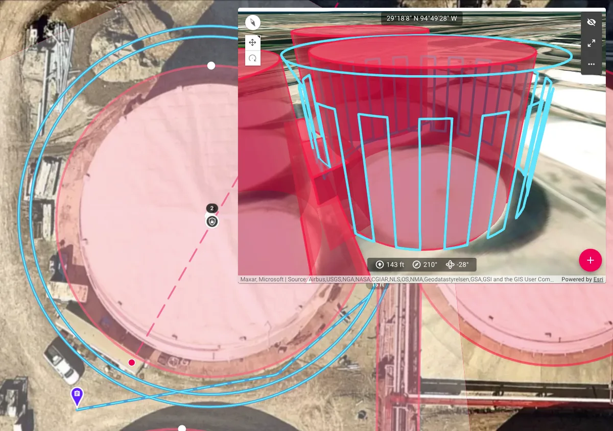 Planificador de misiones de Dronelink con una trayectoria de órbita alrededor de un tanque de almacenamiento en una instalación de petróleo y gas, y la misión de fachada circular en la vista previa 3D
