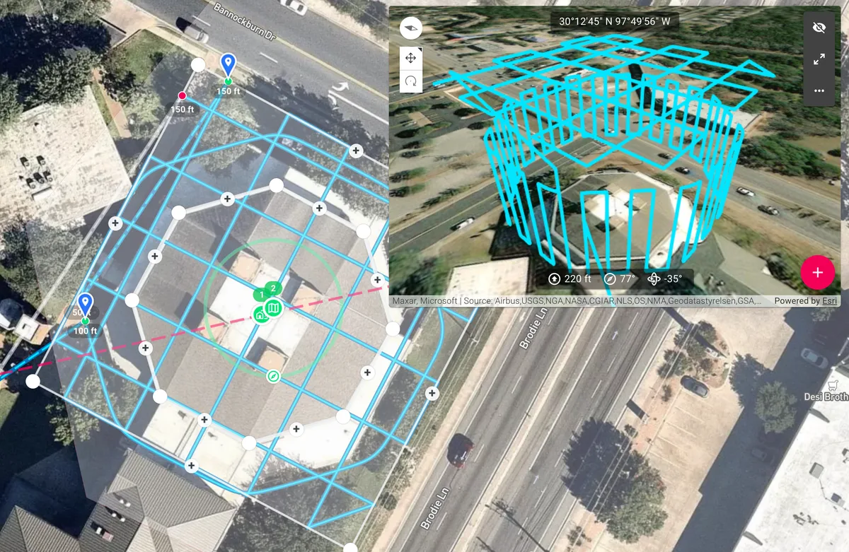 Vista previa 3D en Dronelink de un vuelo que combina un mapa en cuadrícula y una fachada en columnas verticales alrededor de un edificio