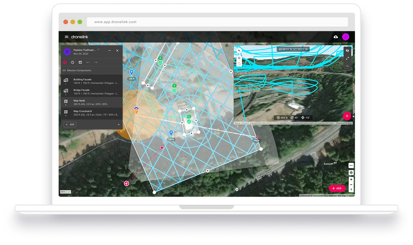 Misión de mapeo de Pipeline Trail abierta en el planificador de Dronelink en una computadora portátil