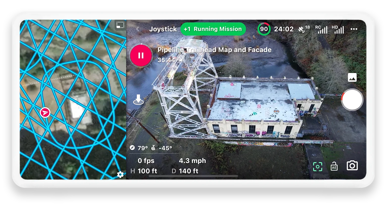 Panel de vuelo de Dronelink en un teléfono durante la misión de fachada de Pipeline Trail, con la cámara del dron sobre un edificio junto al río